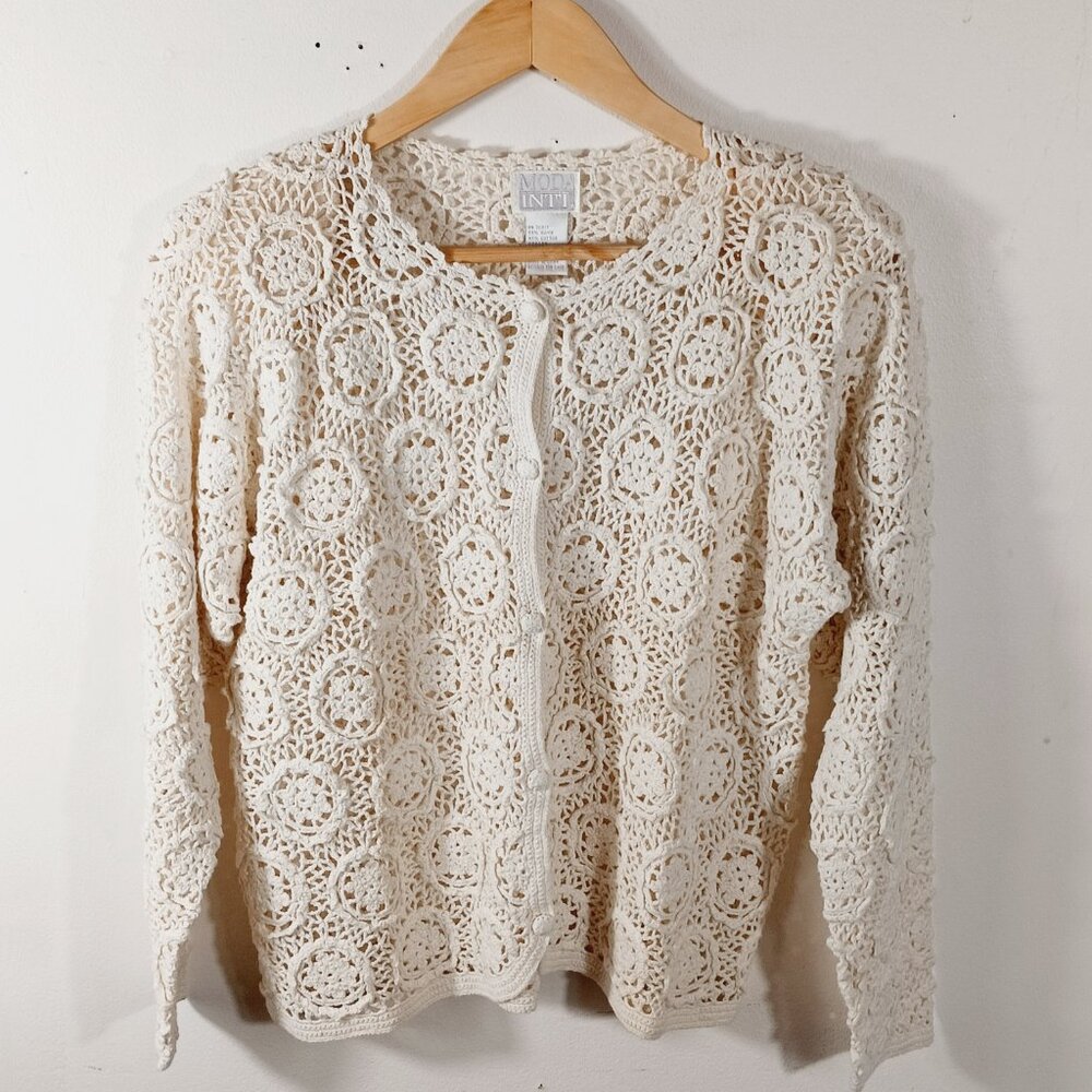 MODA INT'L Crochet Open Knit Cardigan, Cream, Size Medium, Cottagecore, Boho - Picture 5 of 16